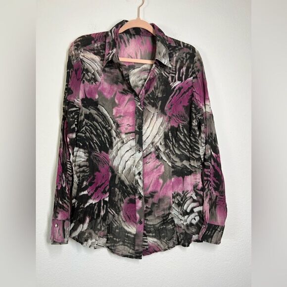 Raven Chiffon Button-Up Blouse Size L Floral Print - Picture 1 of 9
